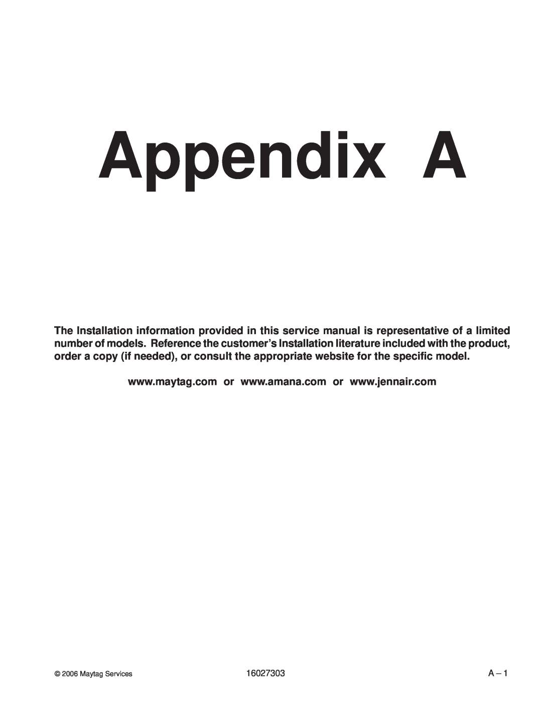 Maytag UMV1152CA manual Appendix A 