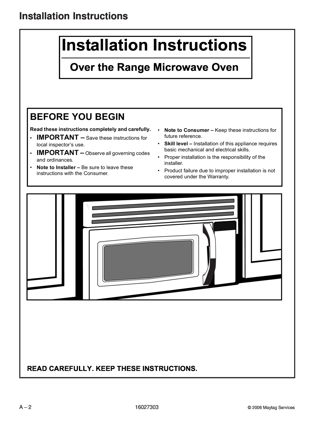 Maytag UMV1152CA manual Installation Instructions, Before You Begin, Read Carefully. Keep These Instructions 