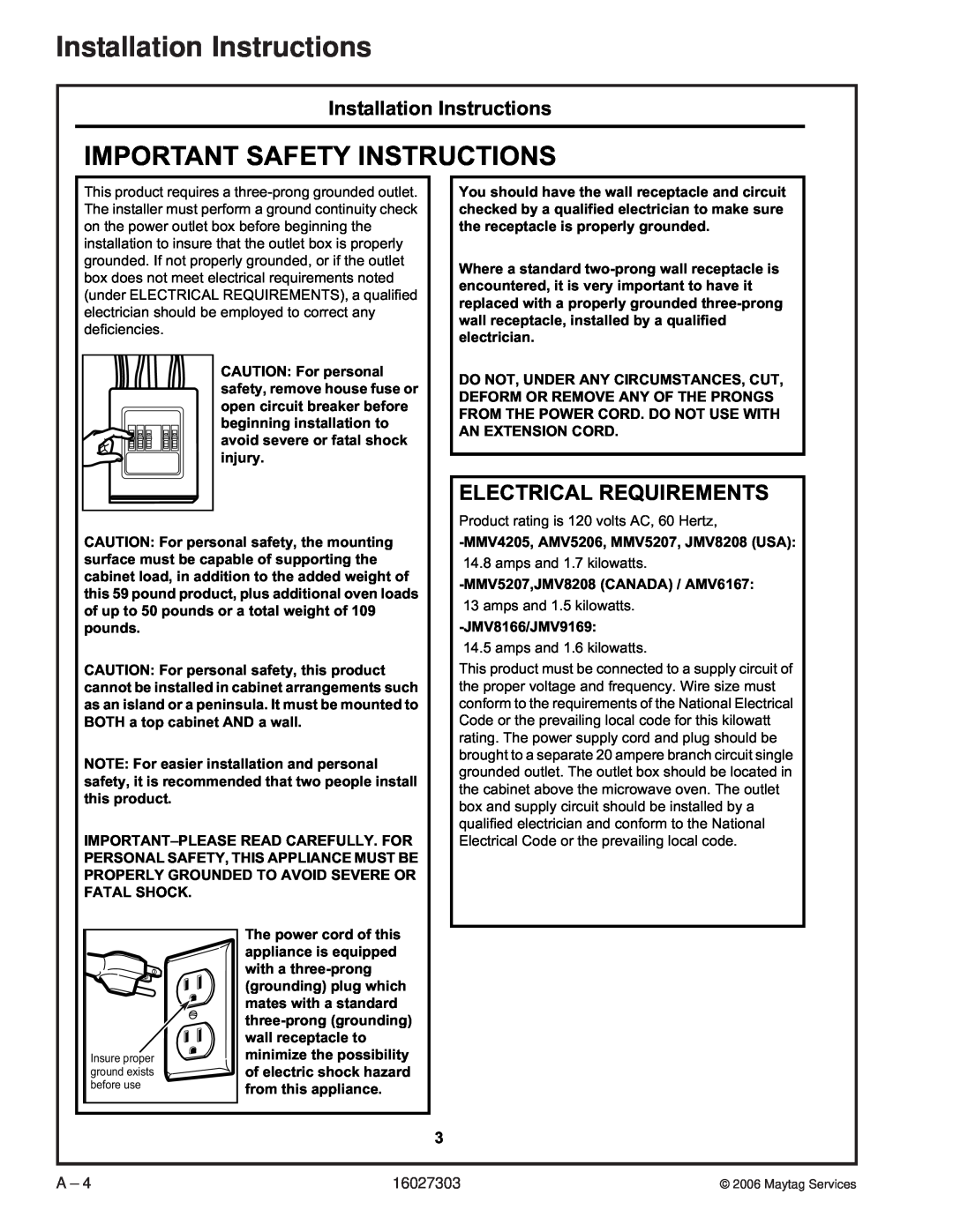 Maytag UMV1152CA manual Important Safety Instructions, Electrical Requirements, Installation Instructions 