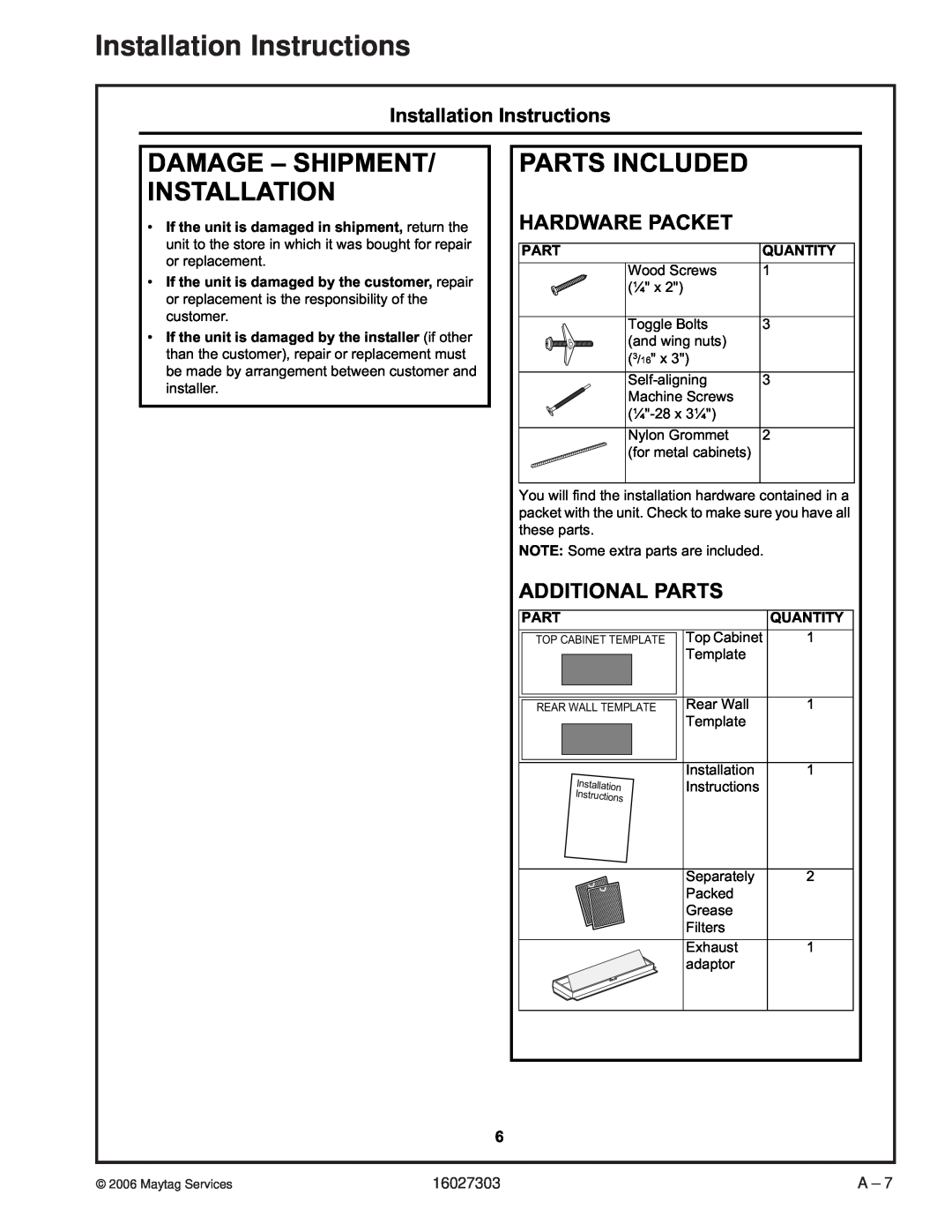 Maytag UMV1152CA manual Damage – Shipment/ Installation, Parts Included, Hardware Packet, Additional Parts 
