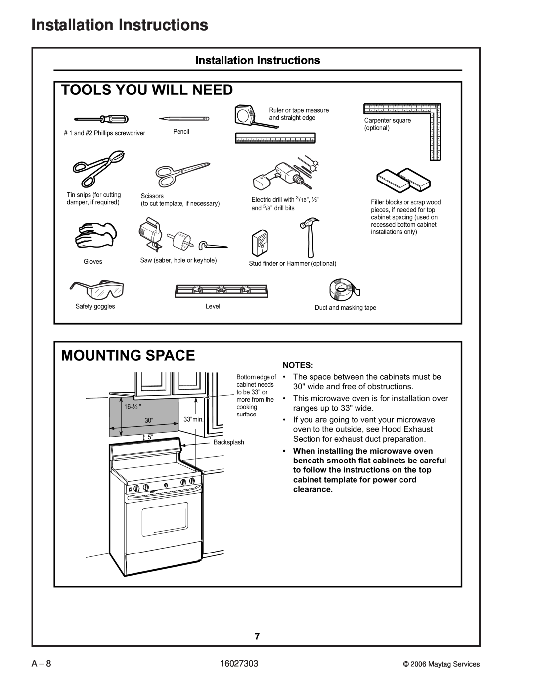 Maytag UMV1152CA manual Tools You Will Need, Mounting Space, Installation Instructions, Notes 