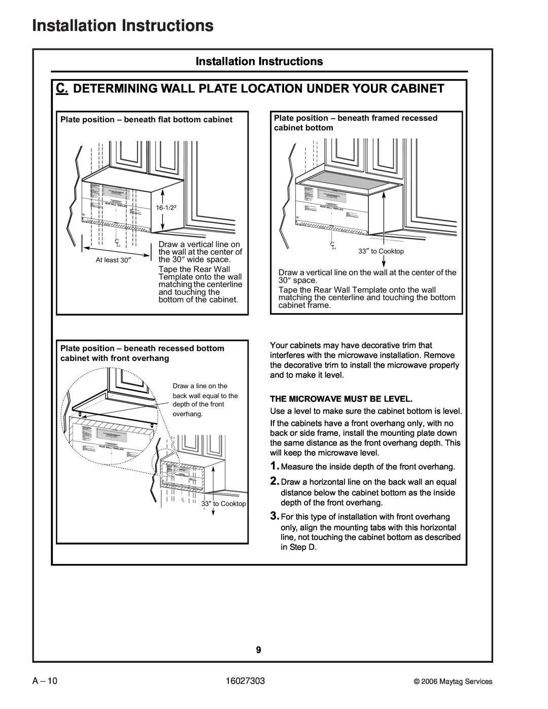 Maytag UMV1152CA Installation Instructions, Plate position – beneath flat bottom cabinet, The Microwave Must Be Level 