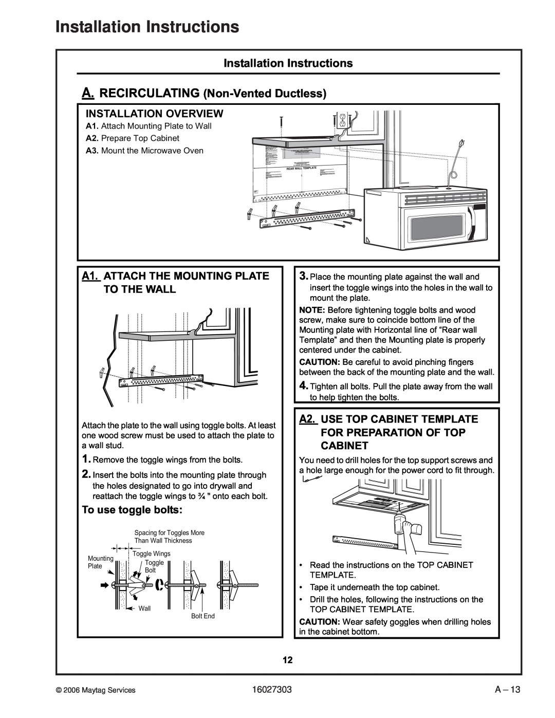 Maytag UMV1152CA manual A.RECIRCULATING Non-VentedDuctless, Installation Overview, A1.ATTACH THE MOUNTING PLATE TO THE WALL 