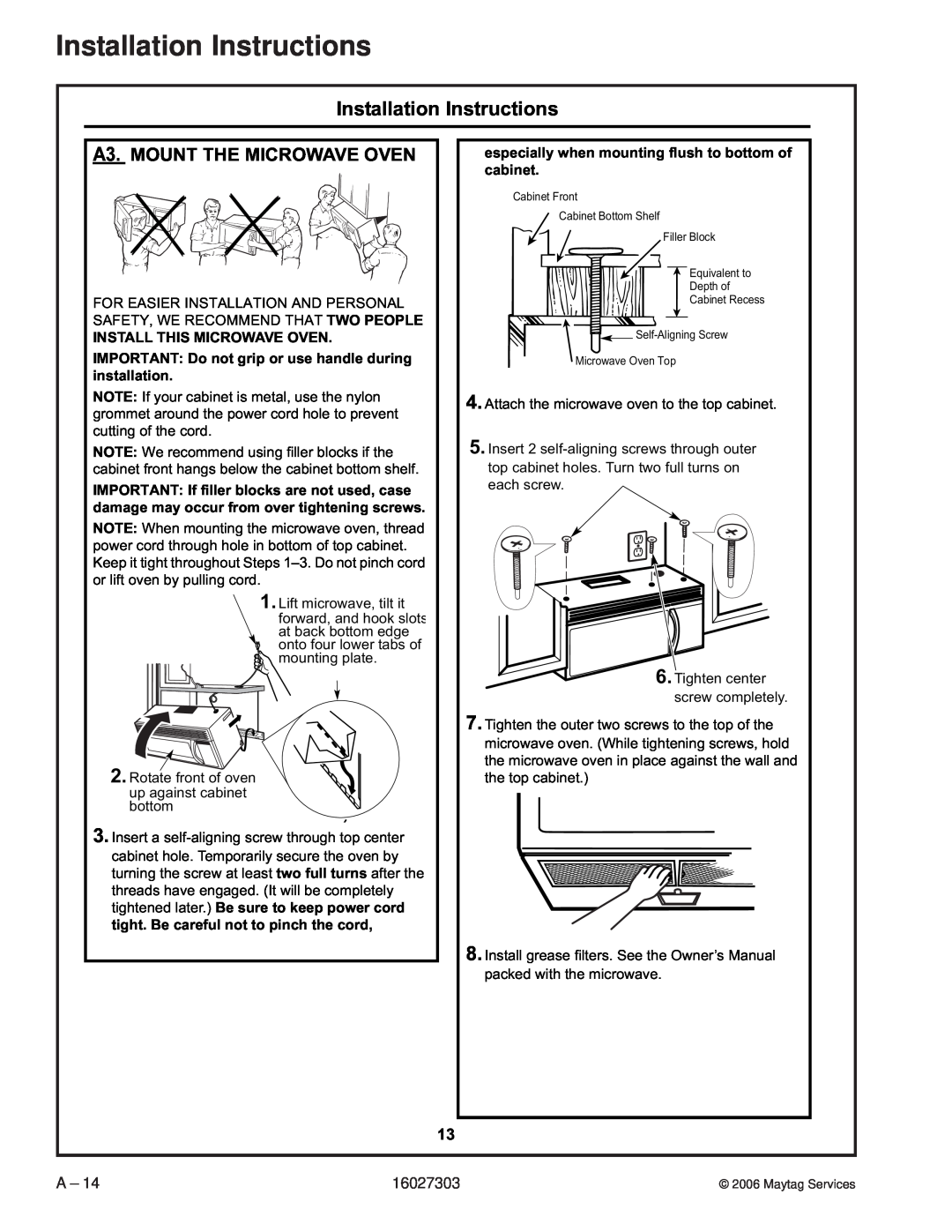 Maytag UMV1152CA manual A3.MOUNT THE MICROWAVE OVEN, Installation Instructions 