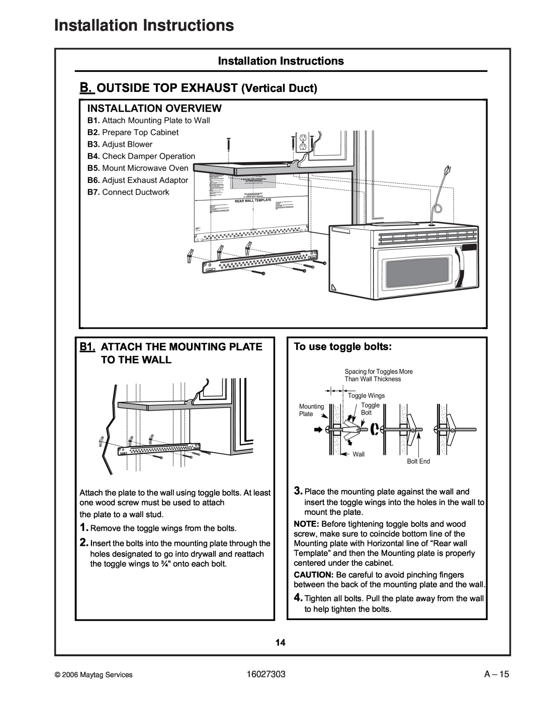 Maytag UMV1152CA B.OUTSIDE TOP EXHAUST Vertical Duct, B1.ATTACH THE MOUNTING PLATE TO THE WALL, Installation Instructions 