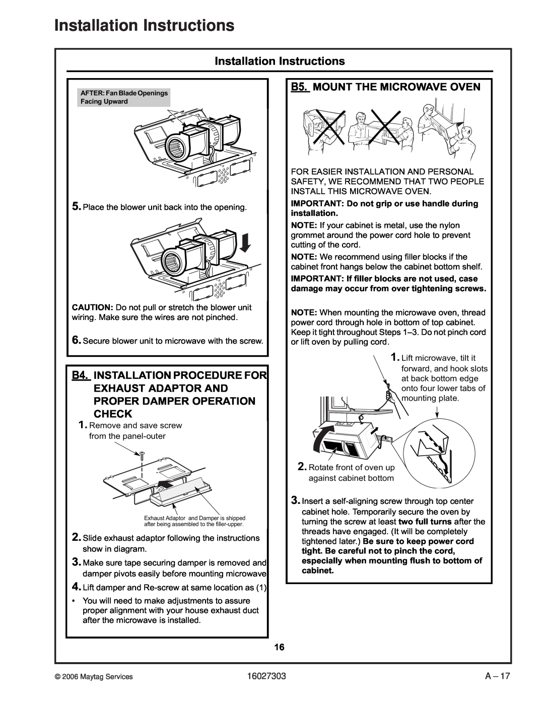 Maytag UMV1152CA manual B5.MOUNT THE MICROWAVE OVEN, Installation Instructions 