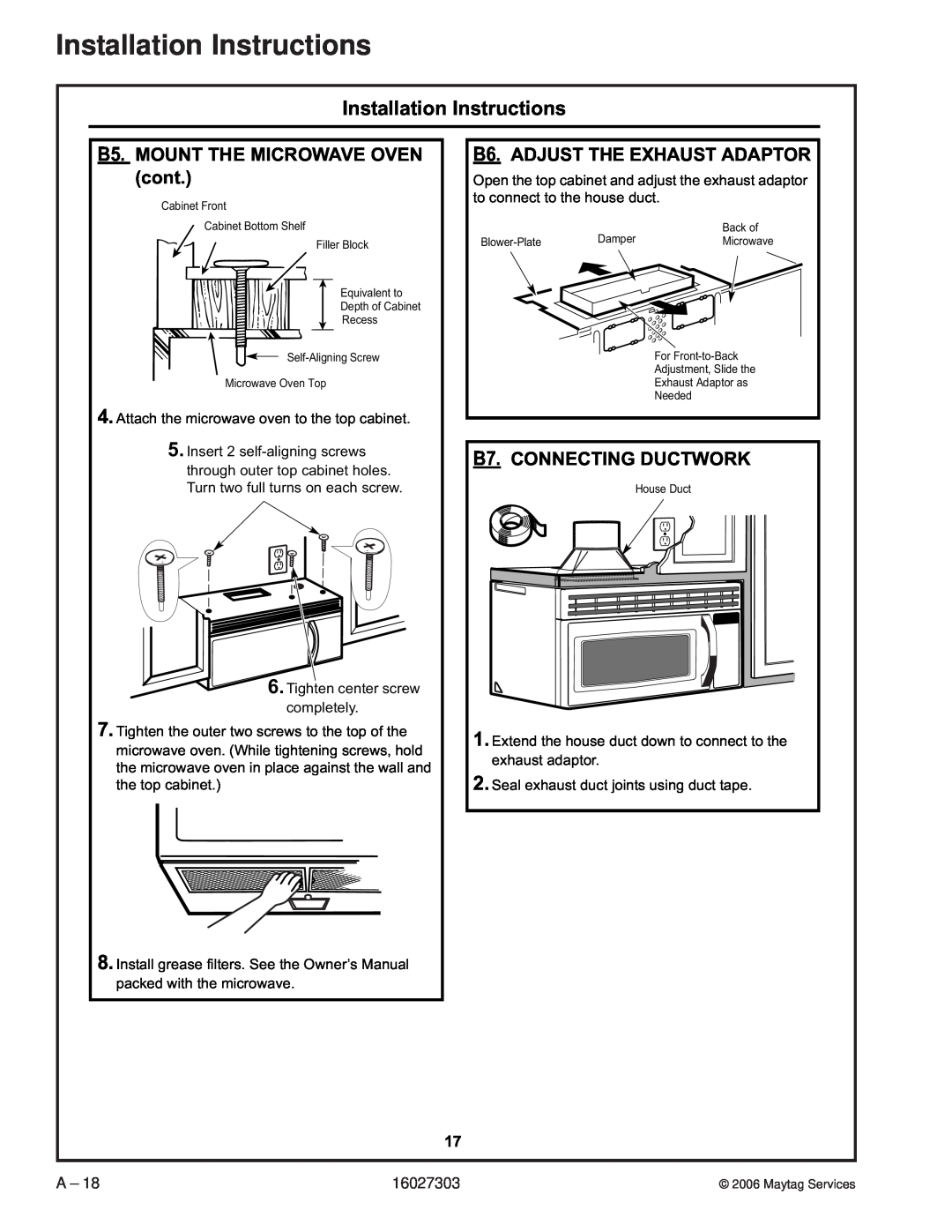 Maytag UMV1152CA manual B5.MOUNT THE MICROWAVE OVEN cont, B6.ADJUST THE EXHAUST ADAPTOR, B7.CONNECTING DUCTWORK 