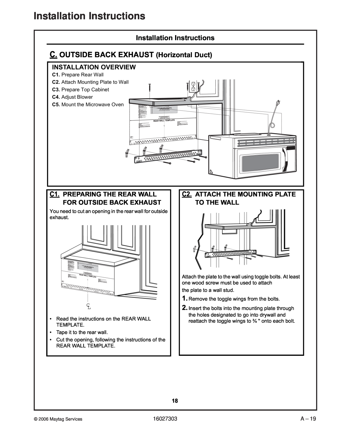 Maytag UMV1152CA C.OUTSIDE BACK EXHAUST Horizontal Duct, C2.ATTACH THE MOUNTING PLATE TO THE WALL, Installation Overview 
