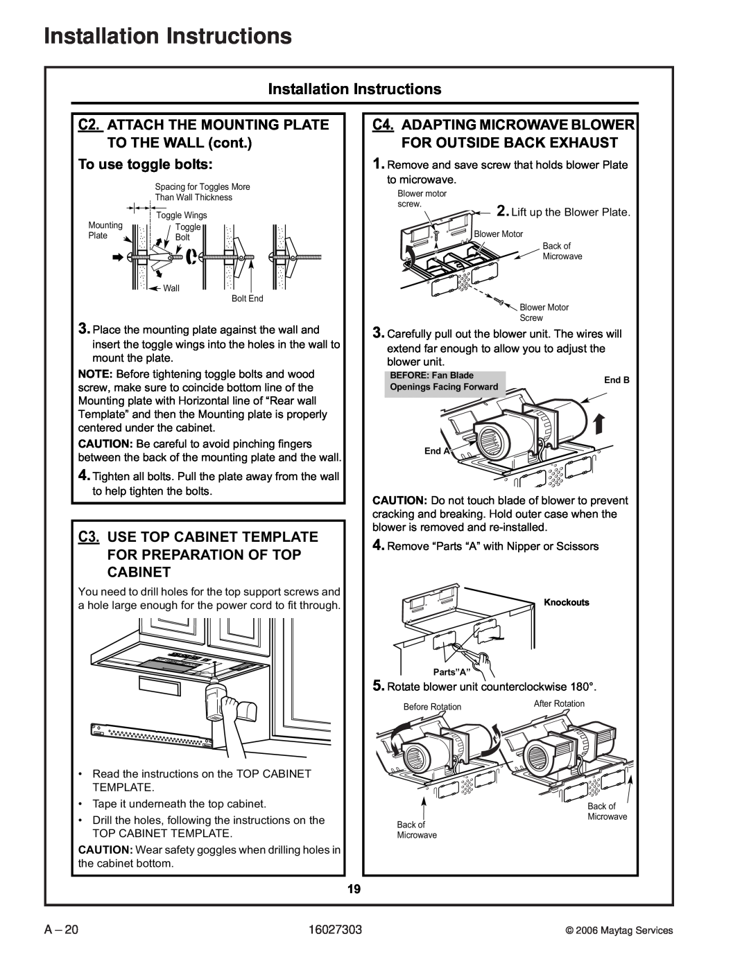 Maytag UMV1152CA C2.ATTACH THE MOUNTING PLATE, TO THE WALL cont, For Outside Back Exhaust, C3.USE TOP CABINET TEMPLATE 