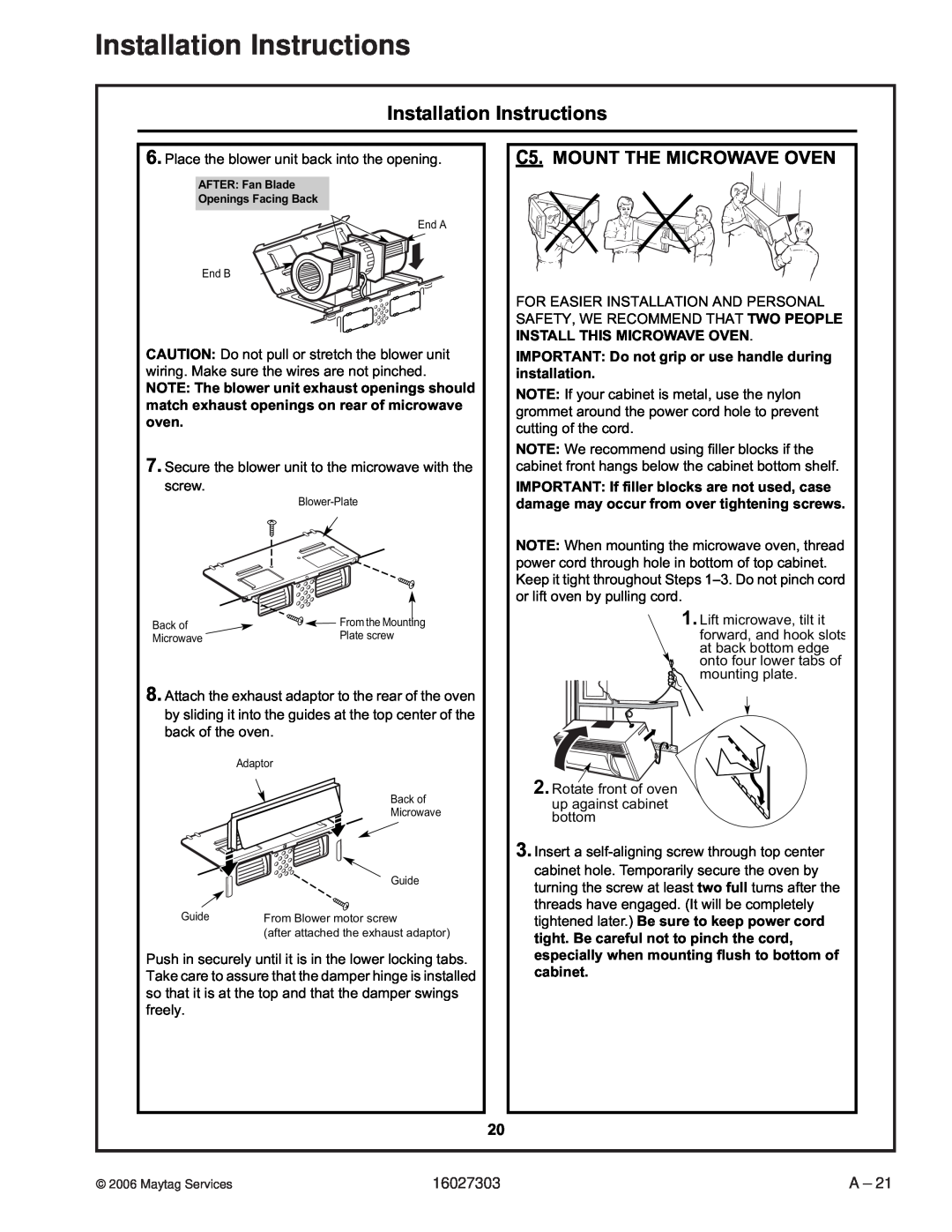 Maytag UMV1152CA manual C5.MOUNT THE MICROWAVE OVEN, Installation Instructions 