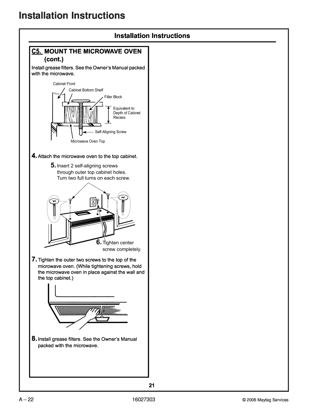 Maytag UMV1152CA manual C5.MOUNT THE MICROWAVE OVEN cont, Installation Instructions 
