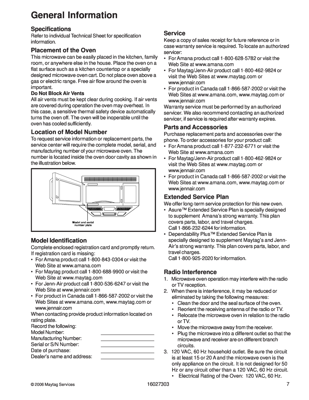 Maytag UMV1152CA manual Specifications, Placement of the Oven, Location of Model Number, Model Identification, Service 