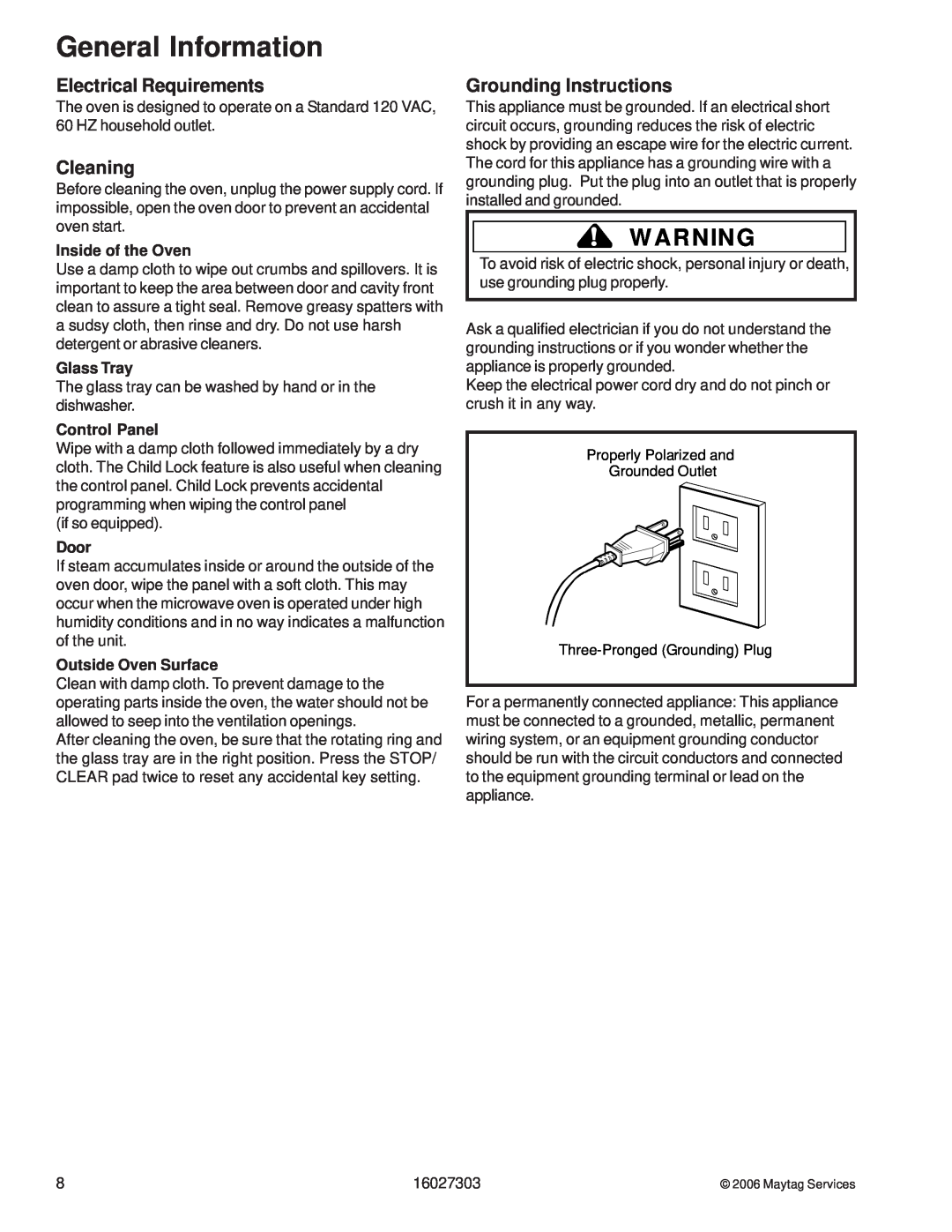 Maytag UMV1152CA Electrical Requirements, Cleaning, Grounding Instructions, General Information, Inside of the Oven, Door 