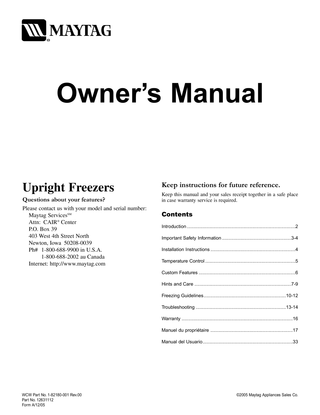 Maytag Upright Freezers owner manual 