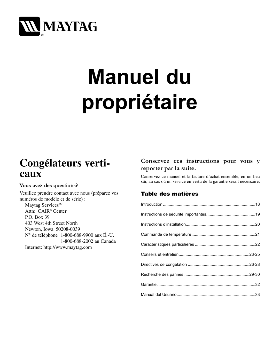 Maytag Upright Freezers owner manual Manuel du Propriétaire 