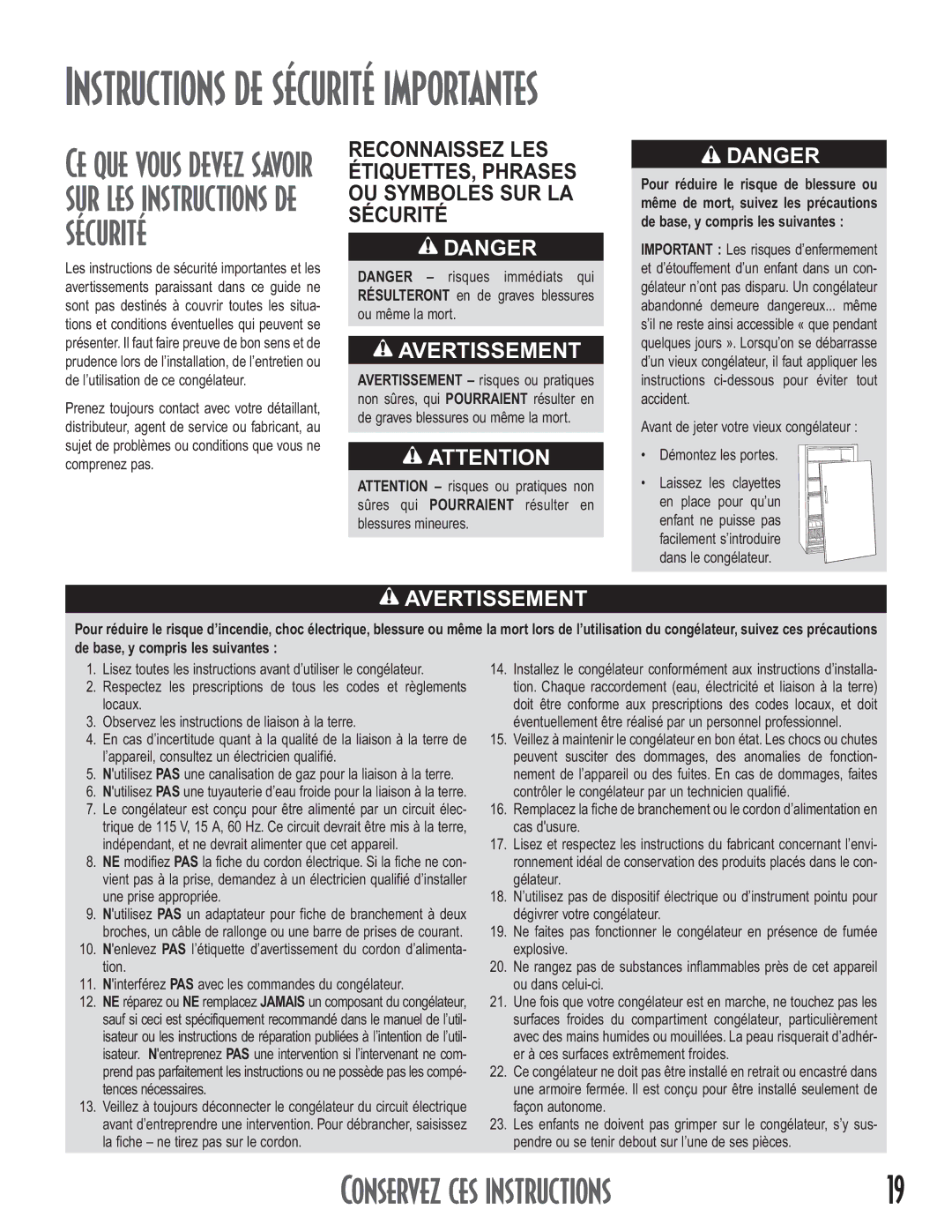 Maytag Upright Freezers Instructions de sécurité importantes, Ce que vous devez savoir sur les instructions de sécurité 