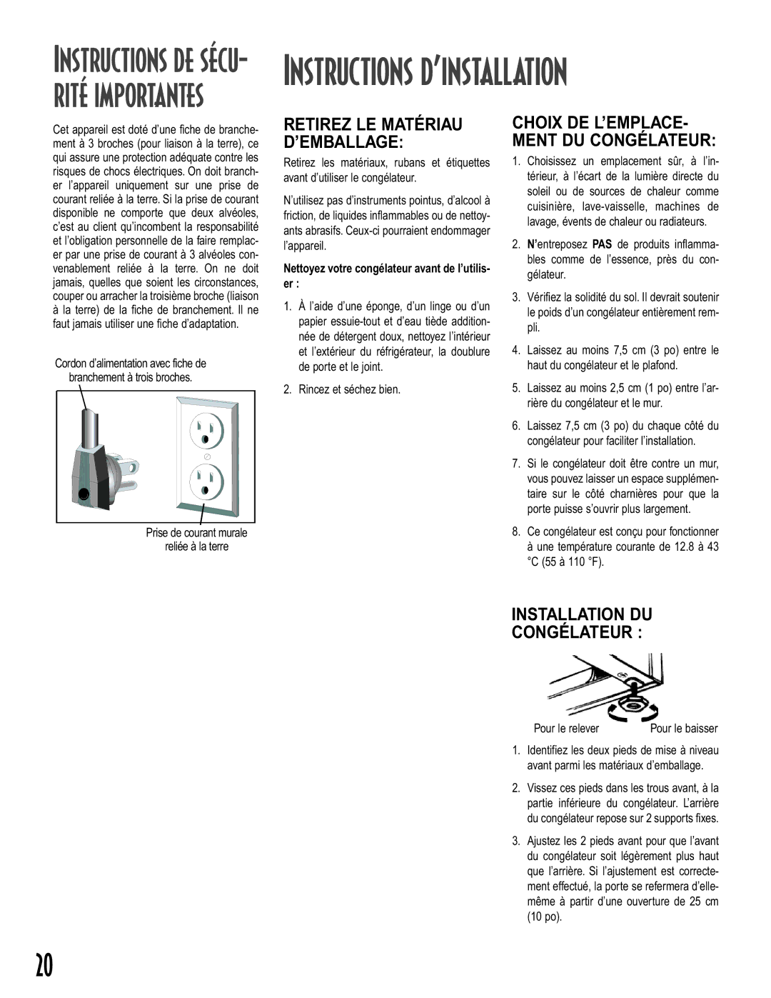 Maytag Upright Freezers owner manual Instructions d’installation, Installation DU Congélateur 