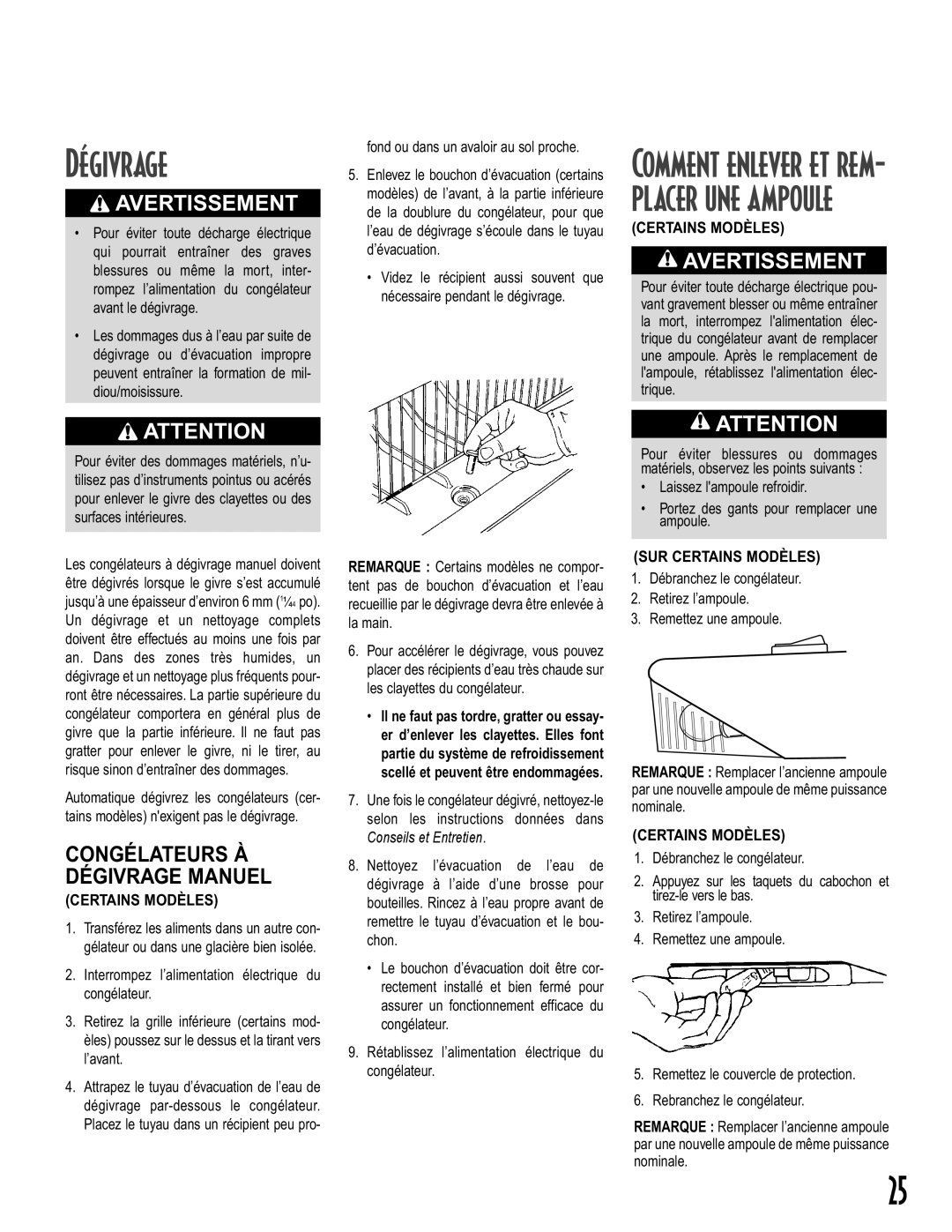 Maytag Upright Freezers owner manual Comment enlever et rem- placer une ampoule, Congélateurs À Dégivrage Manuel 