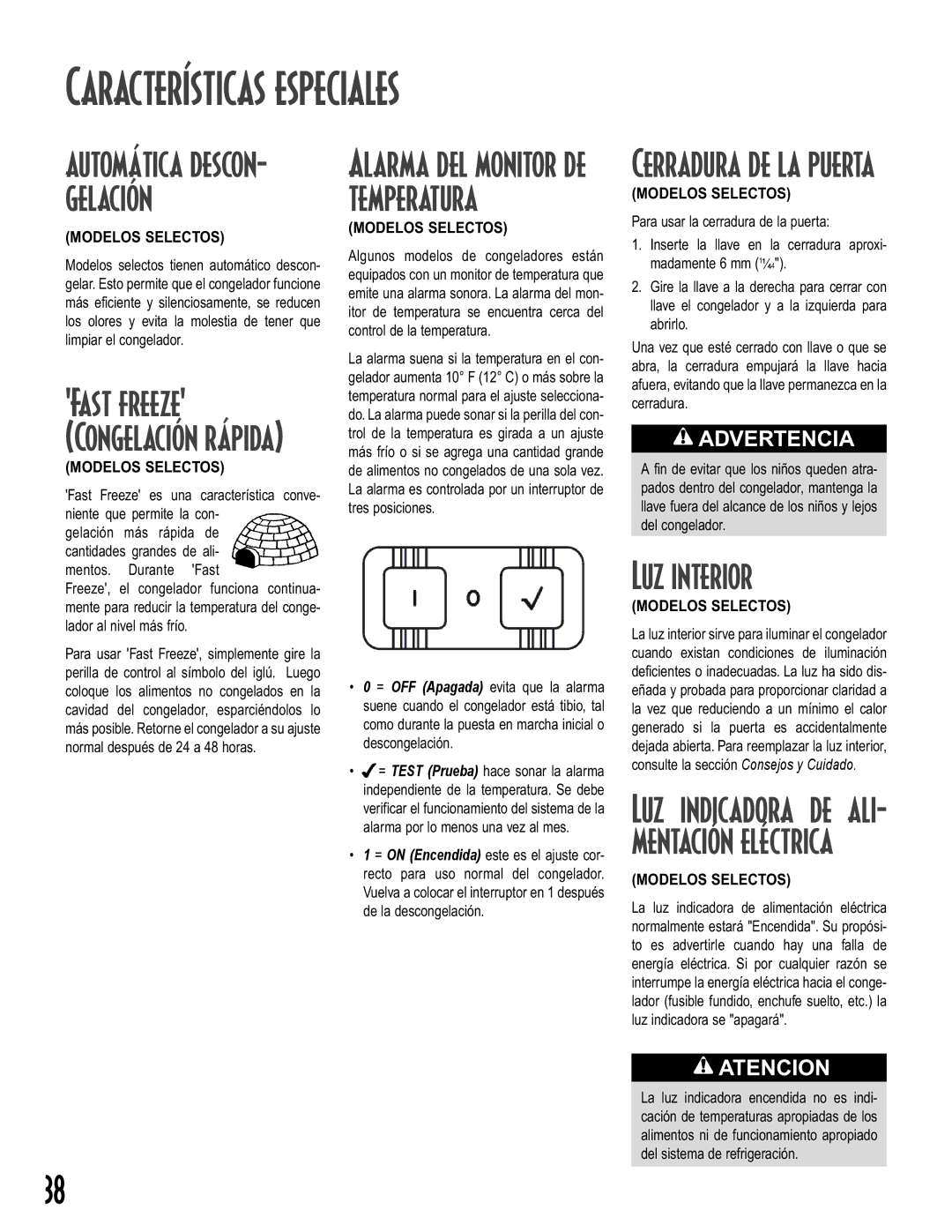 Maytag Upright Freezers owner manual Características especiales, Luz interior, Automática descon- gelación 