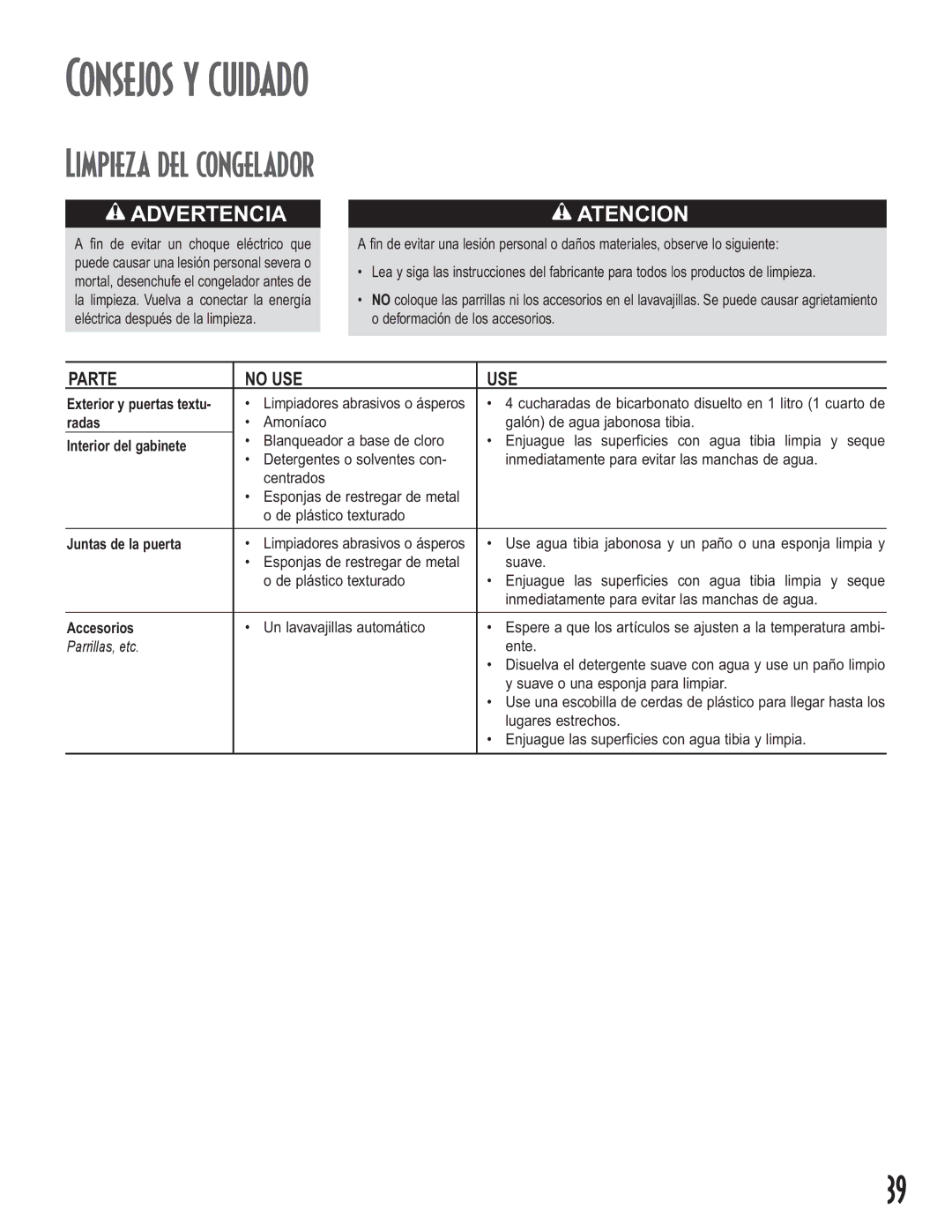 Maytag Upright Freezers owner manual Consejos y cuidado, Limpieza del congelador 