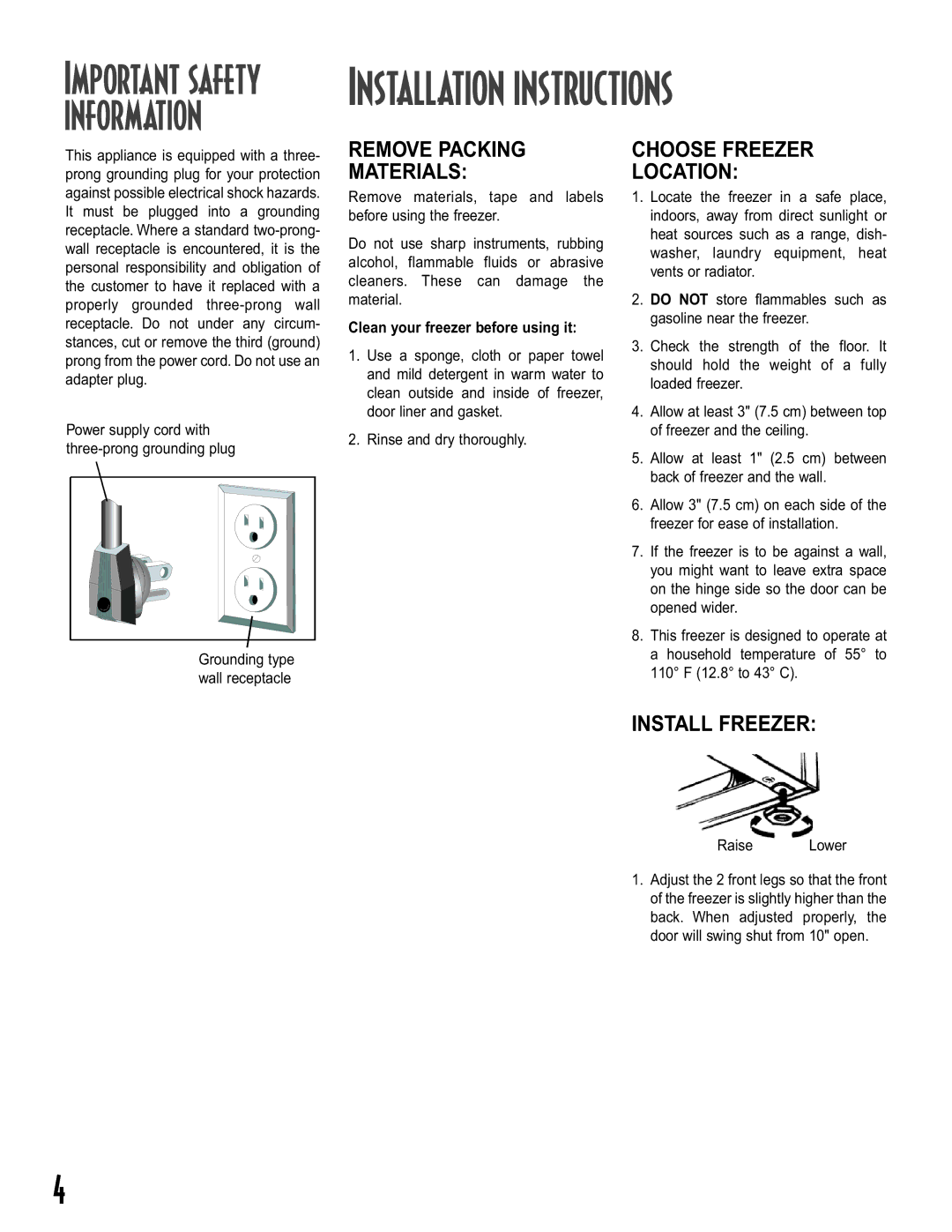 Maytag Upright Freezers Installation instructions, Remove Packing Materials, Choose Freezer Location, Install Freezer 