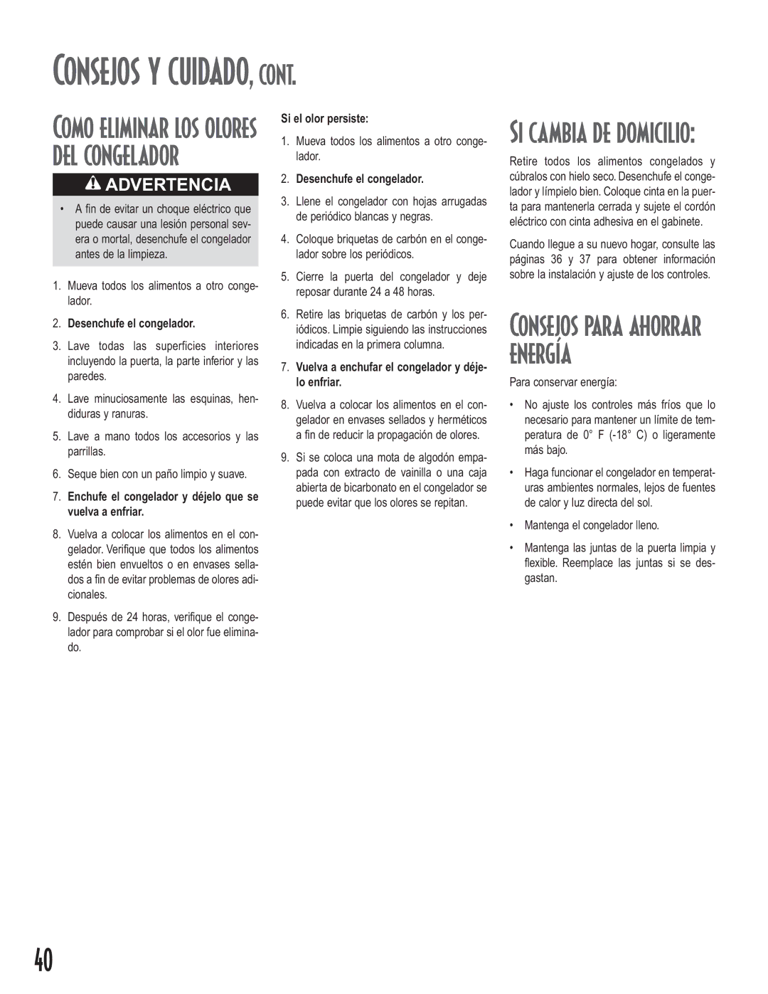 Maytag Upright Freezers owner manual Consejos y cuidado, Si cambia de domicilio, Como eliminar los olores del congelador 