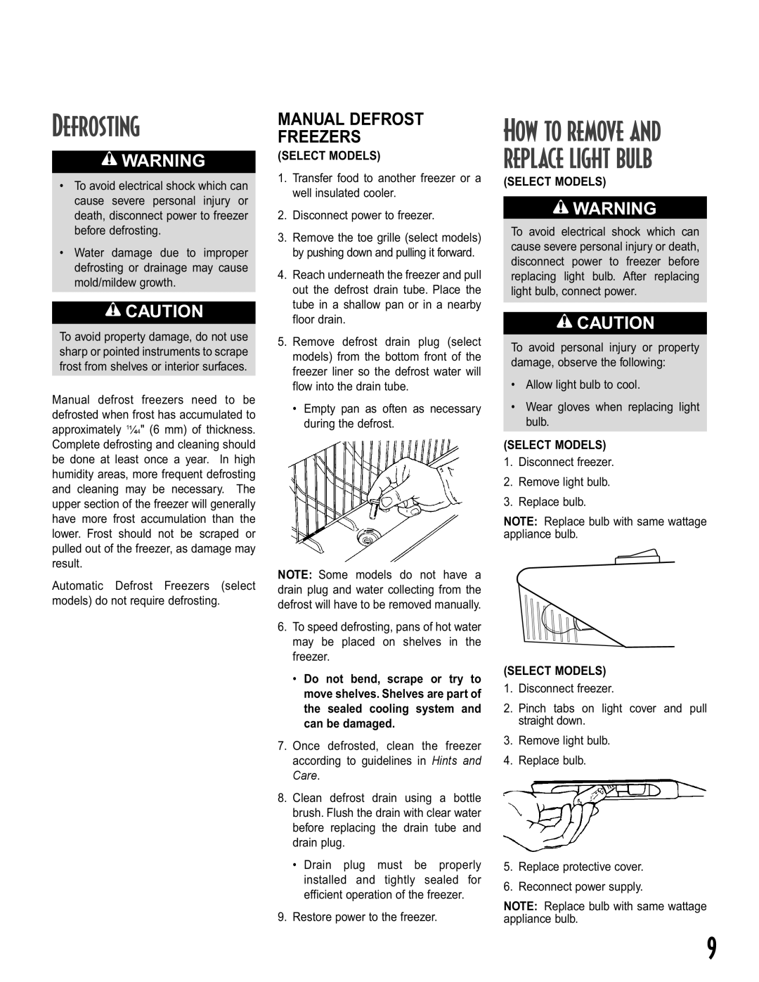 Maytag Upright Freezers owner manual Defrosting, How to remove and replace light bulb, Manual Defrost Freezers 