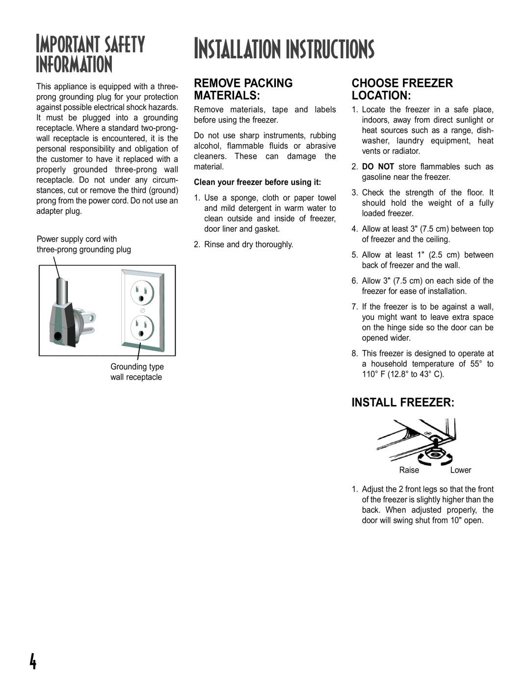 Maytag Upright Freezers Installation instructions, Important safety information, Remove Packing Materials, Install Freezer 