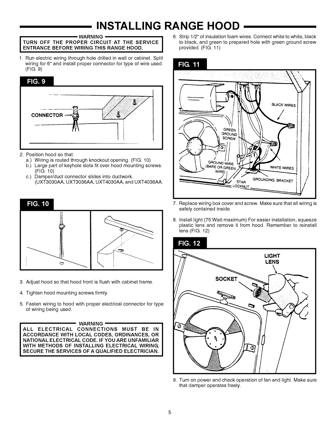 Maytag UXT4036AA, UXT2030AA, UXT4030AA Turn OFF the Proper Circuit AT the Service, Entrance Before Wiring this Range Hood 