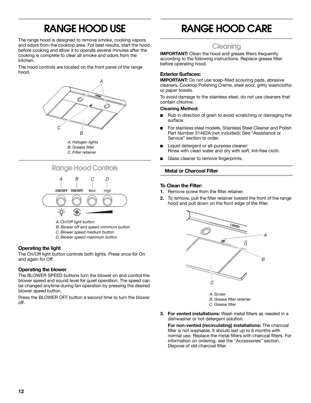 Maytag UXT5236AY, UXT5230AY installation instructions Range Hood USE, Range Hood Care, Range Hood Controls, Cleaning 