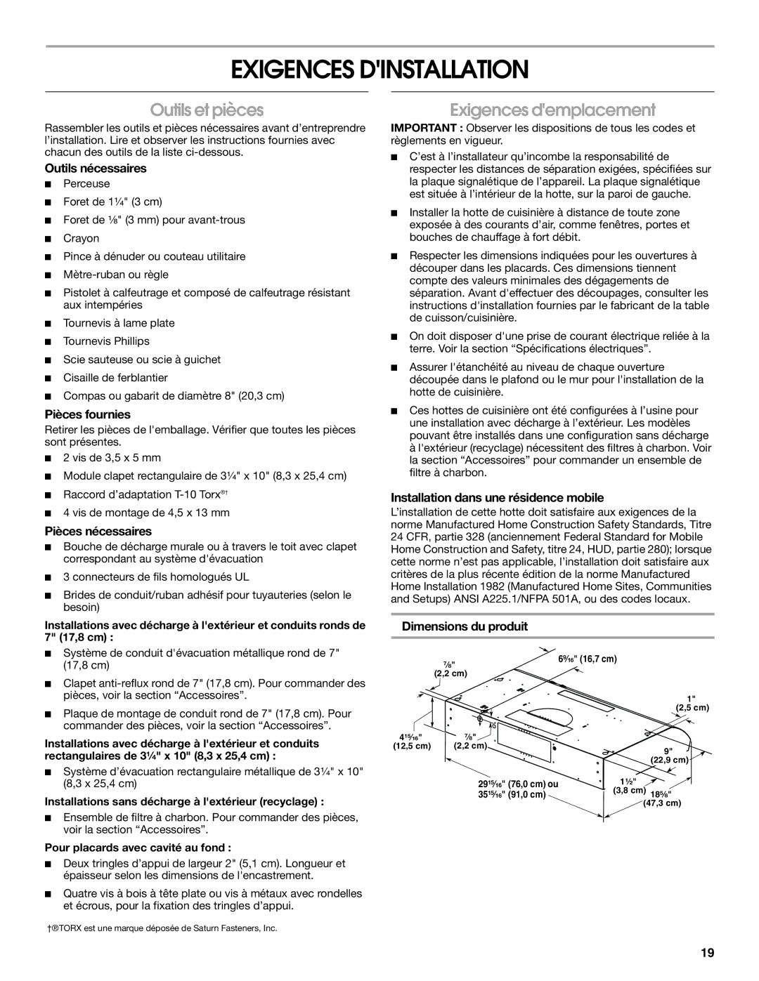 Maytag UXT5230AY, UXT5236AY installation instructions Exigences Dinstallation, Outils et pièces, Exigences demplacement 