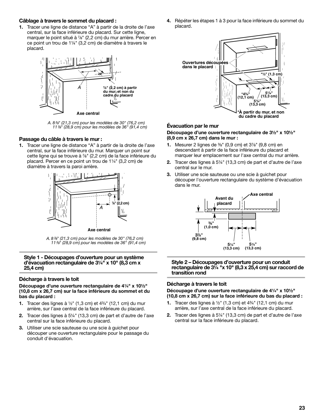 Maytag UXT5230AY Câblage à travers le sommet du placard, Passage du câble à travers le mur, Évacuation par le mur 