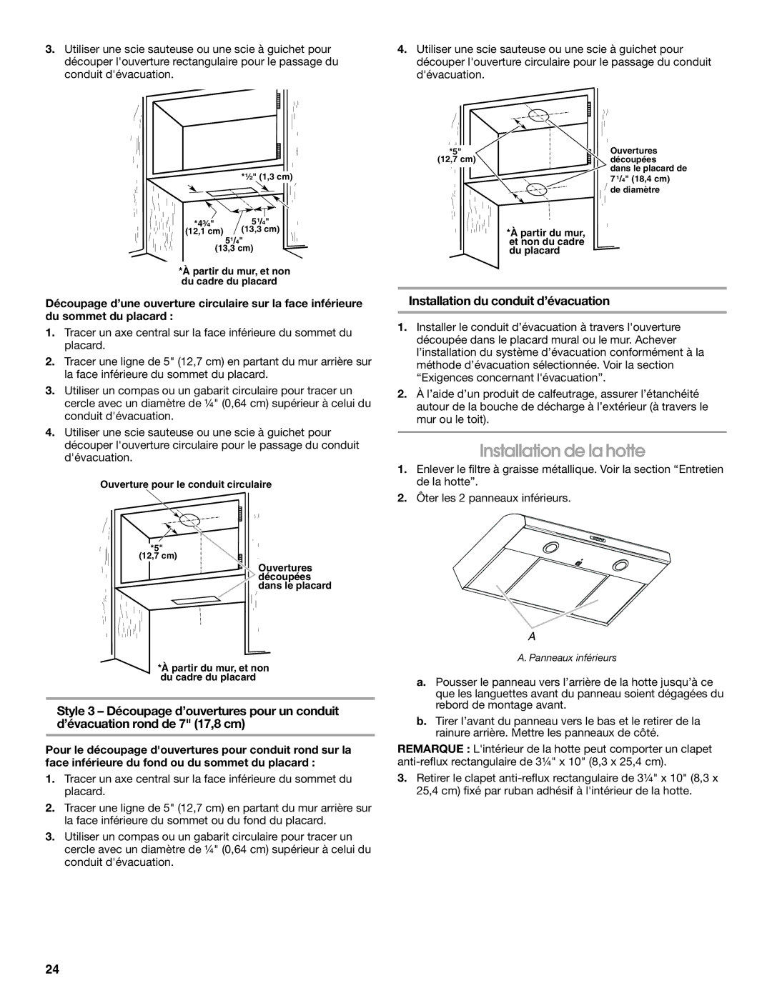 Maytag UXT5236AY, UXT5230AY installation instructions Installation de la hotte, Installation du conduit d’évacuation 