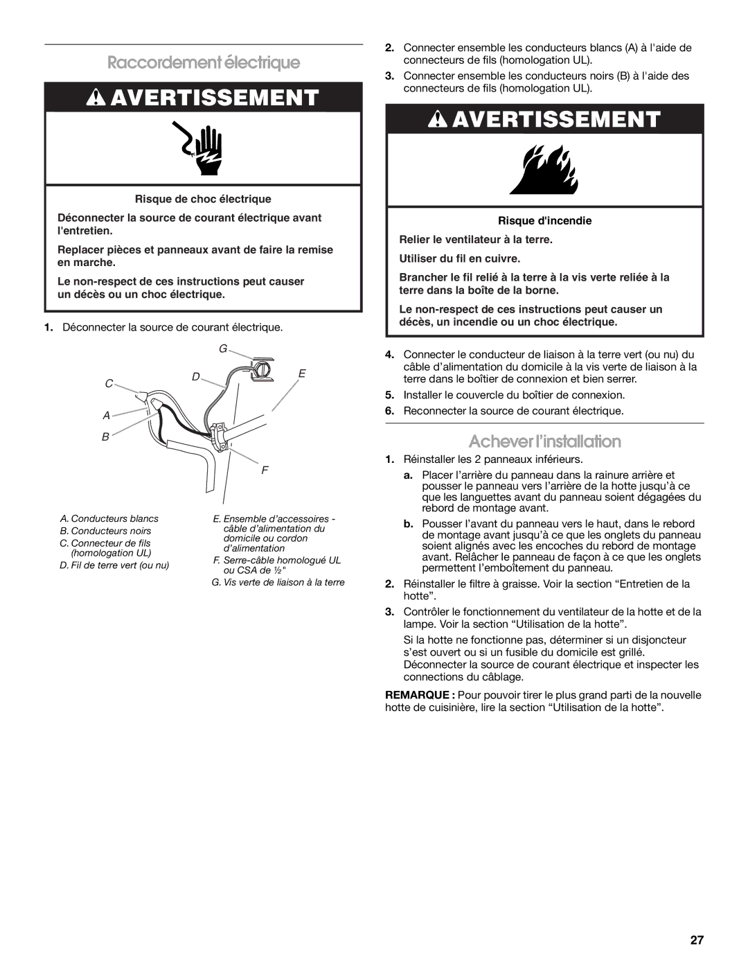 Maytag UXT5230AY, UXT5236AY installation instructions Raccordement électrique, Achever l’installation 