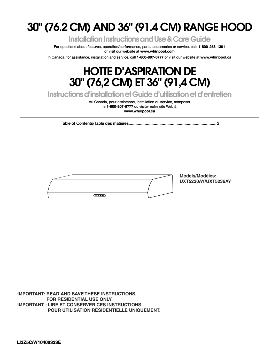 Maytag installation instructions 30 76.2 CM AND 36 91.4 CM RANGE HOOD, Models/Modèles UXT5230AY/UXT5236AY 