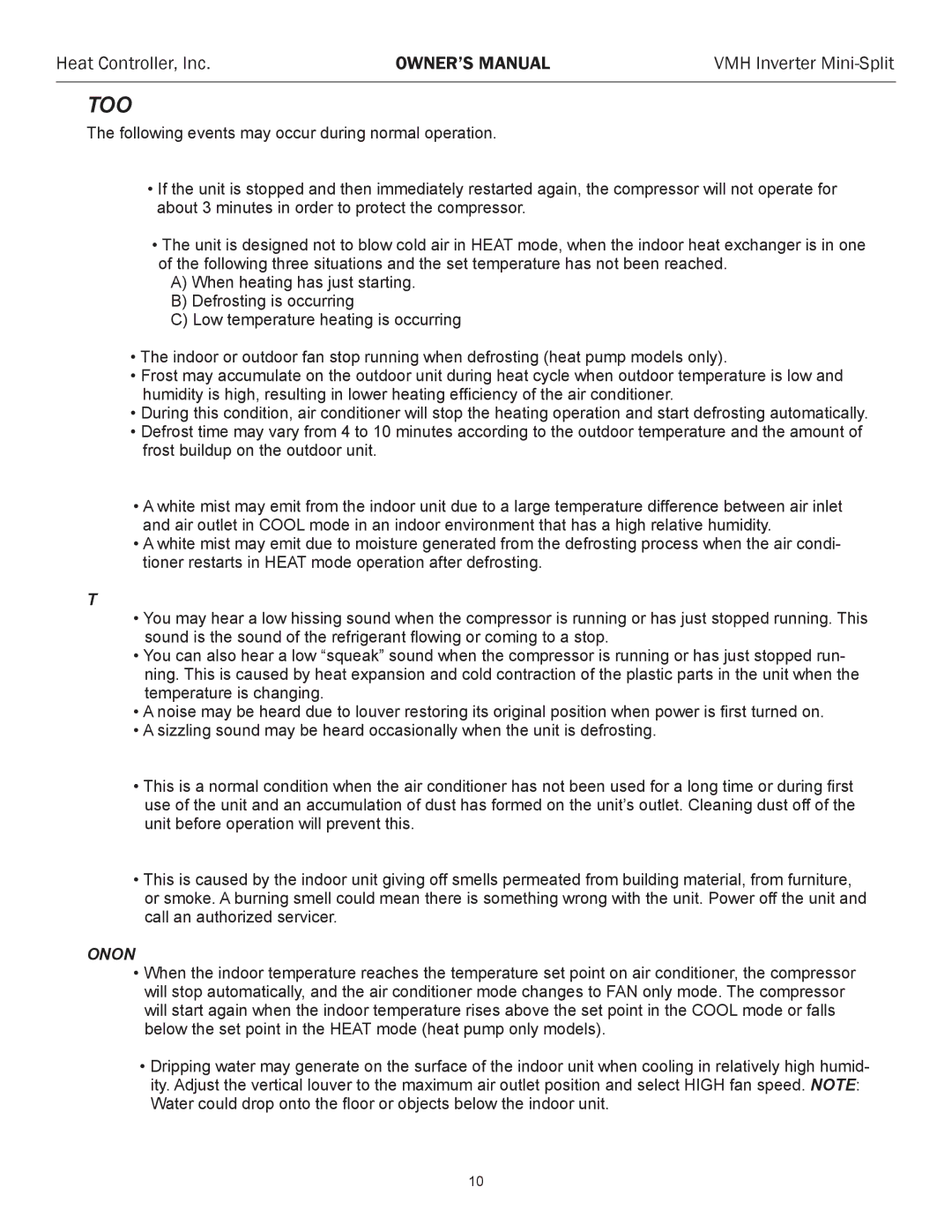 Maytag VMH 09/12/18/24 owner manual Typical Operational Occurrences, Anti-cold air heat pump models only 