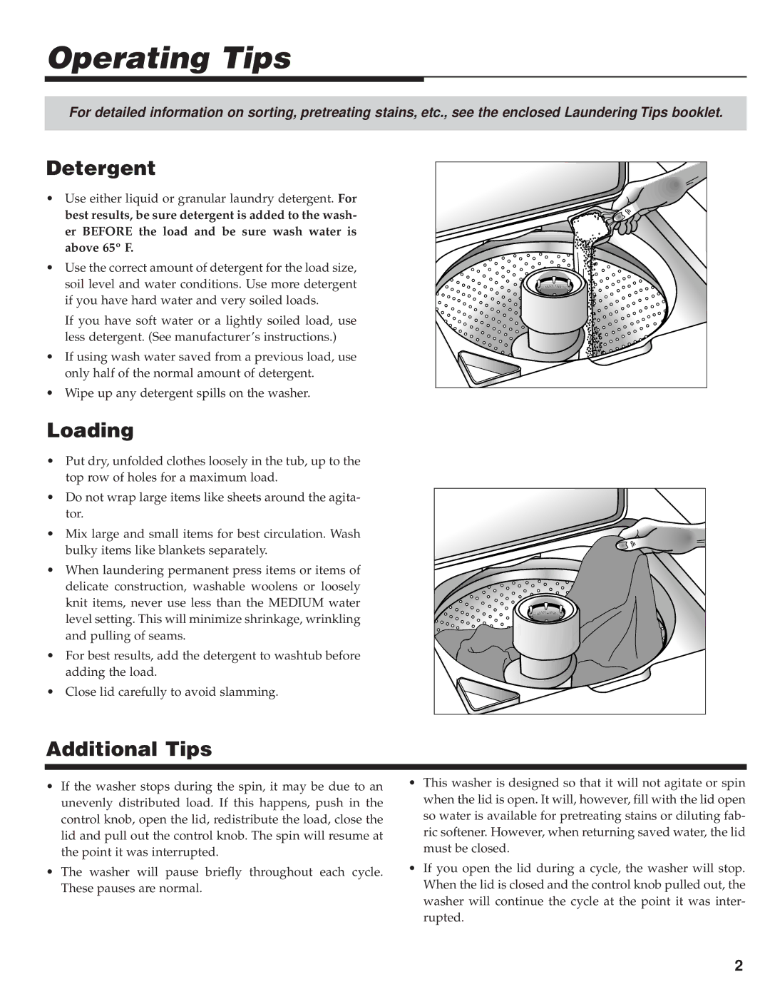 Maytag W-19 warranty Operating Tips, Detergent, Loading, Additional Tips 