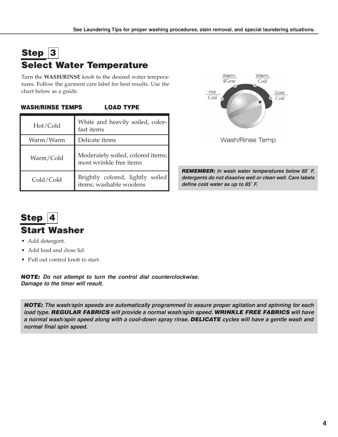 Maytag W-19 warranty Step Select Water Temperature, Step Start Washer 