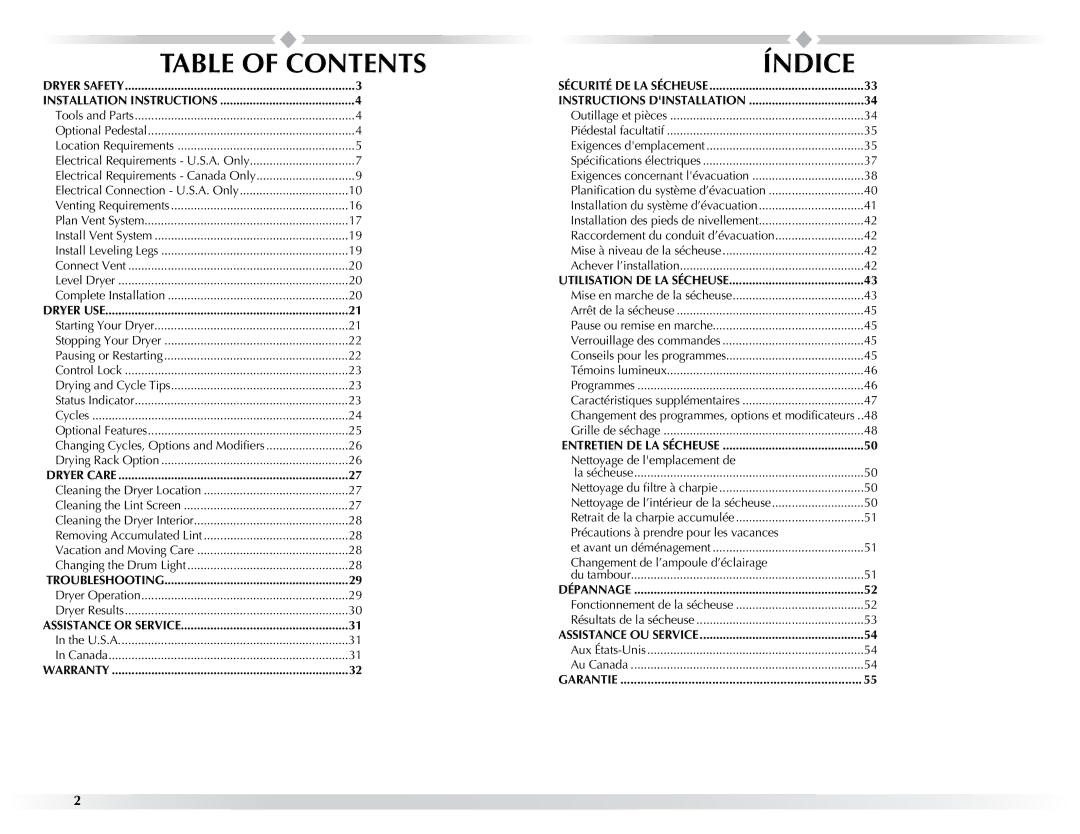 Maytag W10057349A manual Table of Contents, Índice 