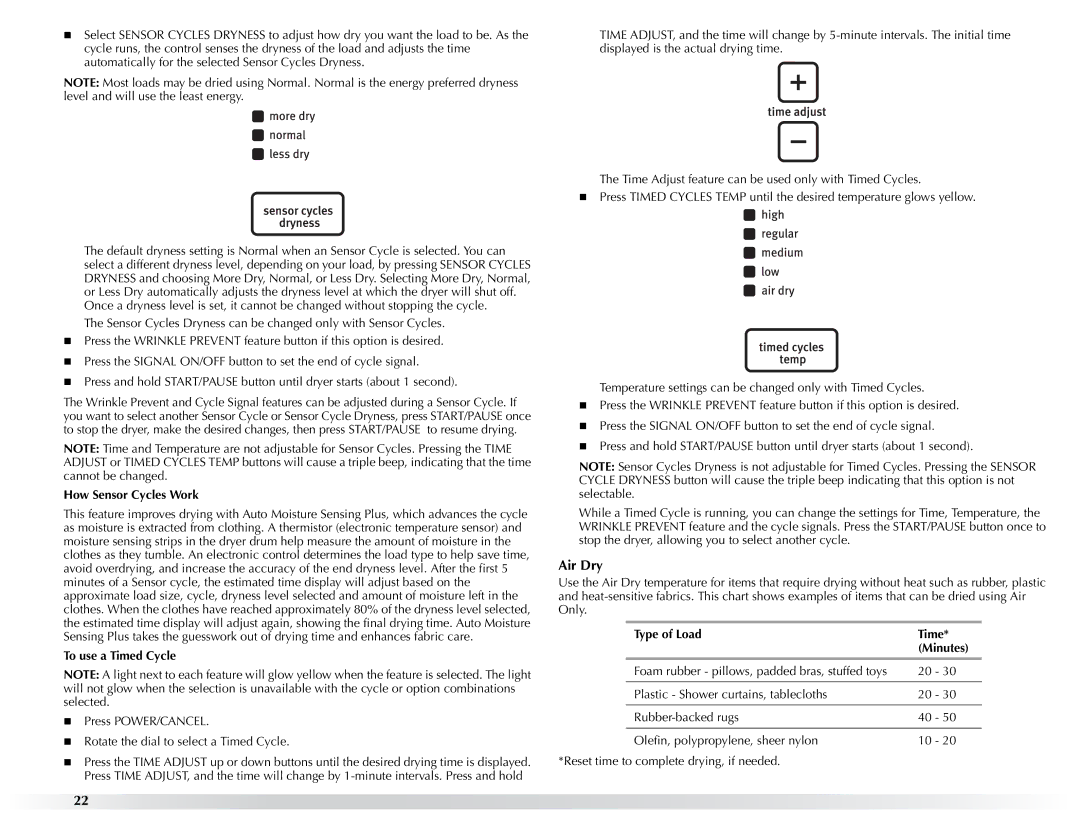 Maytag W10057349A manual Air Dry, How Sensor Cycles Work, To use a Timed Cycle, Type of Load Time Minutes 