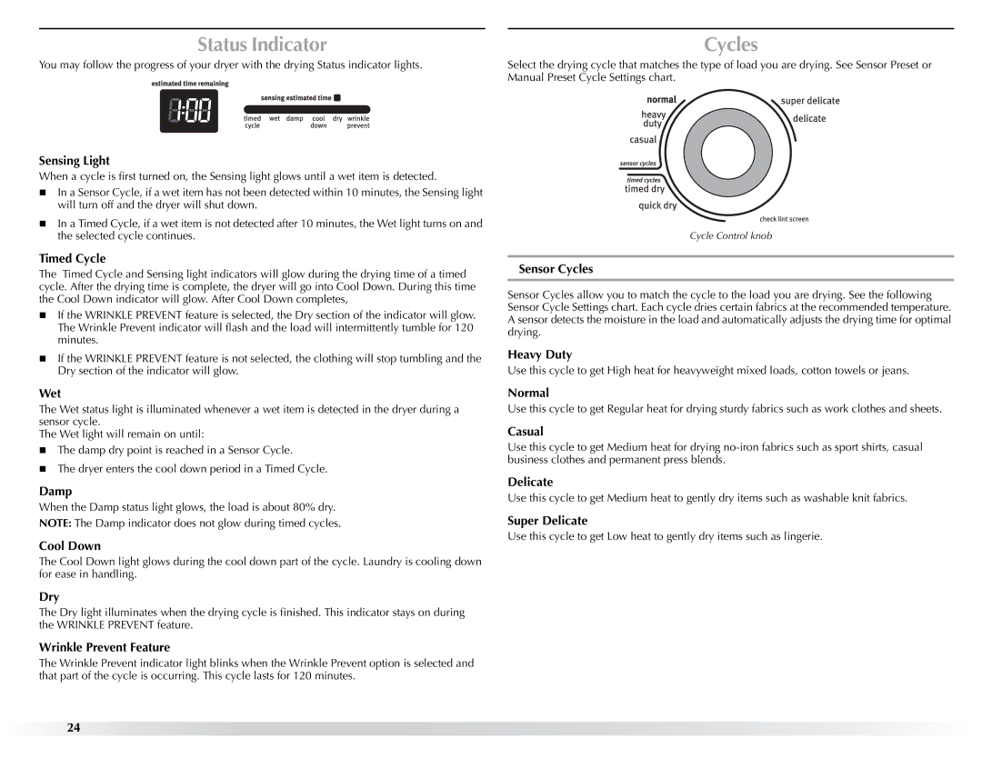 Maytag W10057349A manual Status Indicator, Cycles 