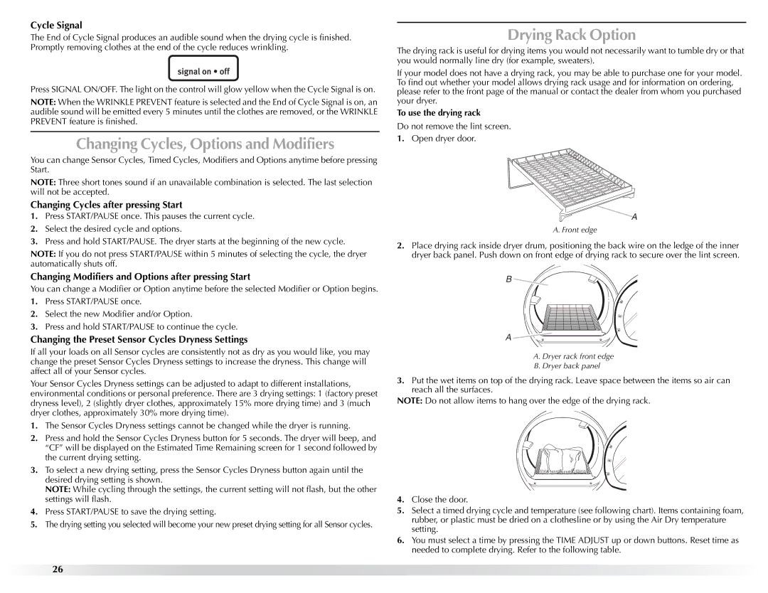 Maytag W10057349A manual Changing Cycles, Options and Modifiers, Drying Rack Option 