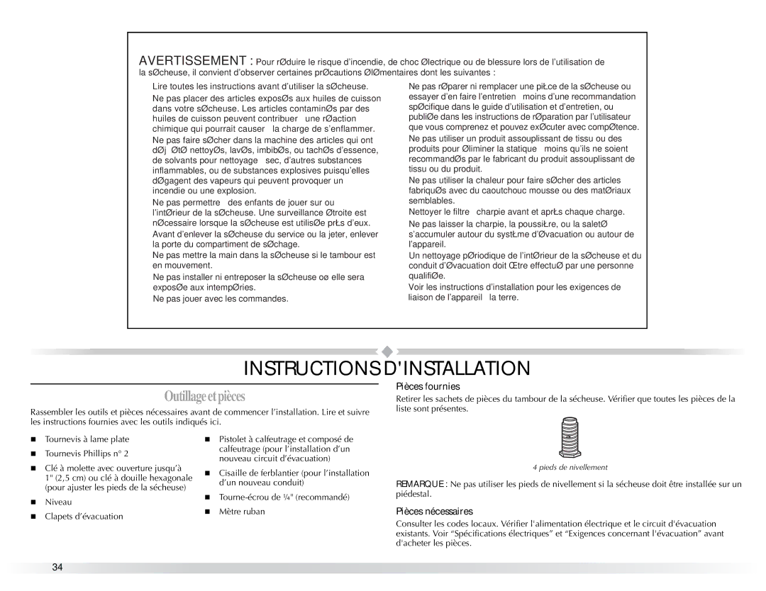 Maytag W10057349A manual Instructions Dinstallation, Pièces fournies, Pièces nécessaires 