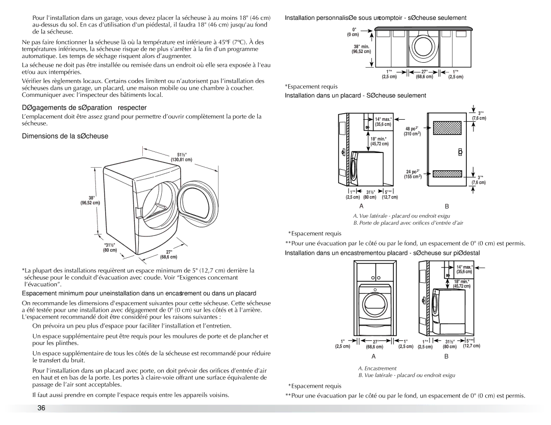 Maytag W10057349A manual Dégagements de séparation à respecter, Dimensions de la sécheuse 