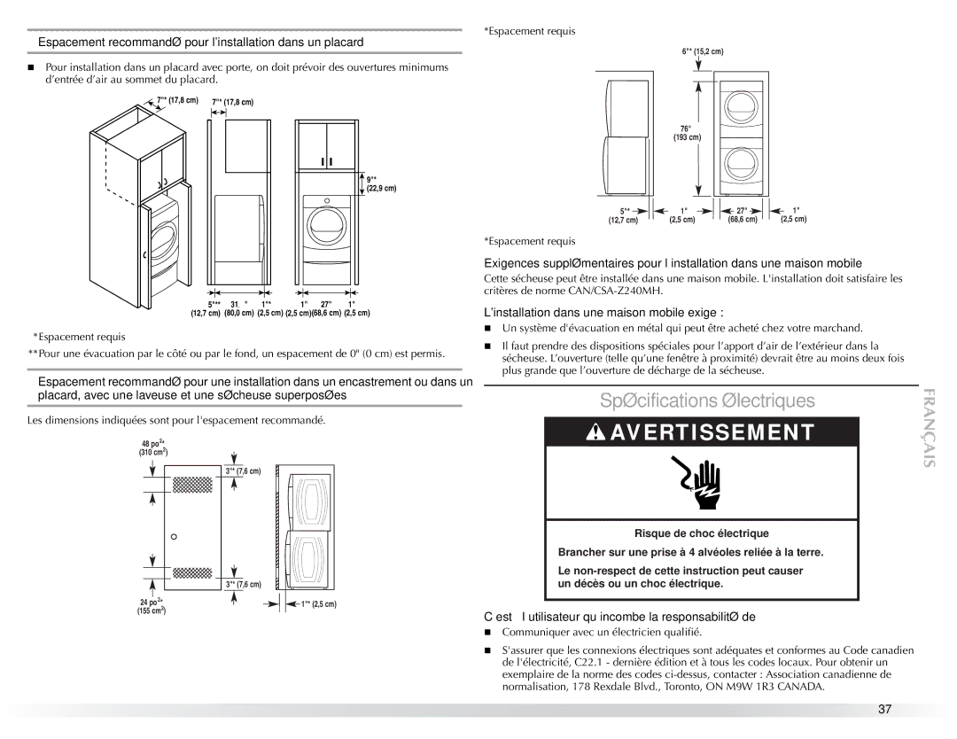 Maytag W10057349A manual Spécifications électriques, Espacement recommandé pour linstallation dans un placard 