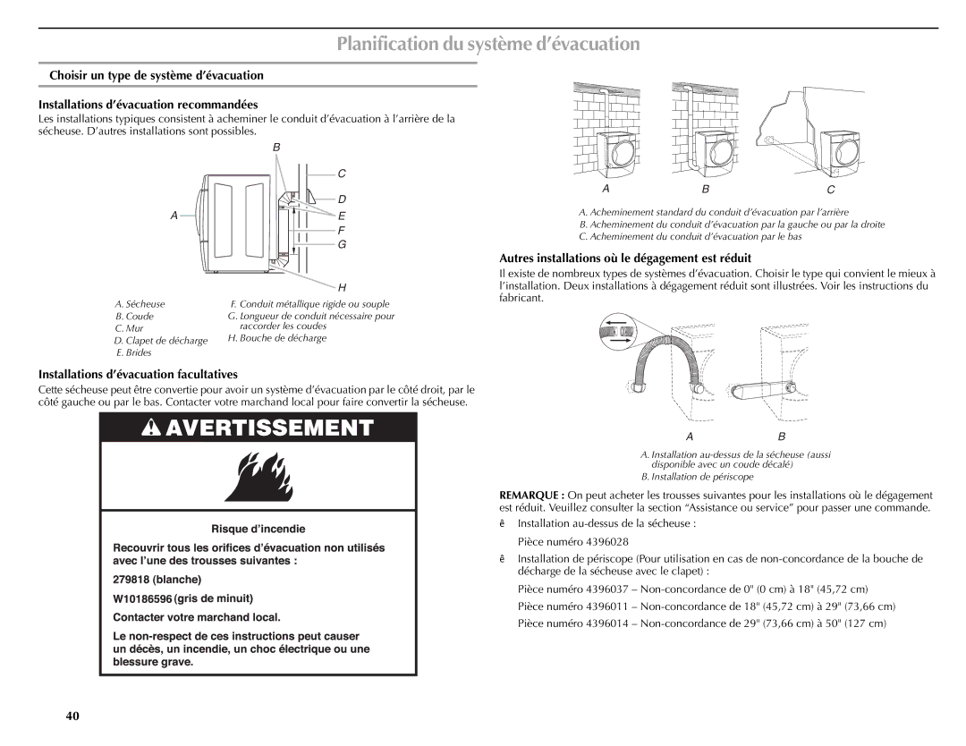 Maytag W10057349A manual Planification du système d’évacuation, Installations d’évacuation facultatives 