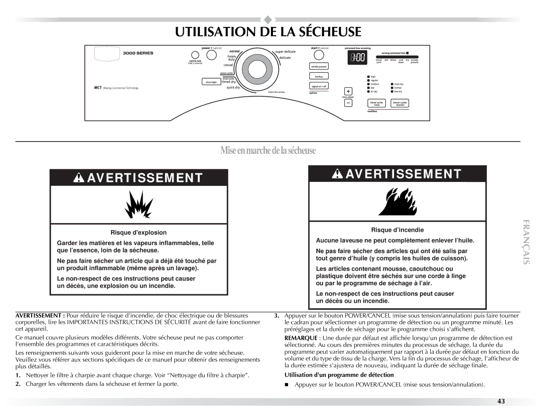 Maytag W10057349A manual Utilisation DE LA Sécheuse, Utilisation dun programme de détection 