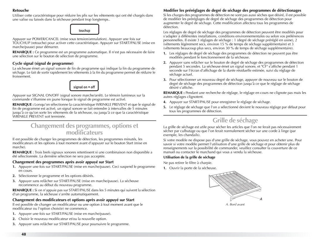 Maytag W10057349A manual Changement des programmes, options et Modificateurs, Grille de séchage, Retouche 