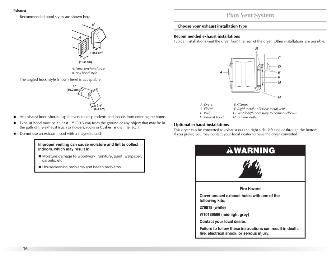 Maytag W10057351A manual Optional exhaust installations, Exhaust 