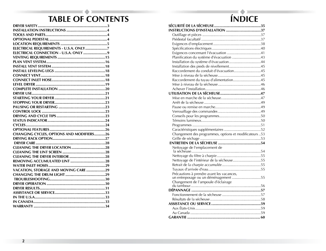 Maytag W10057351A manual Table of Contents 